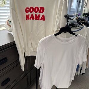 Good American White Sweatshirt with Red "GOOD MAMA" Lettering and white tee